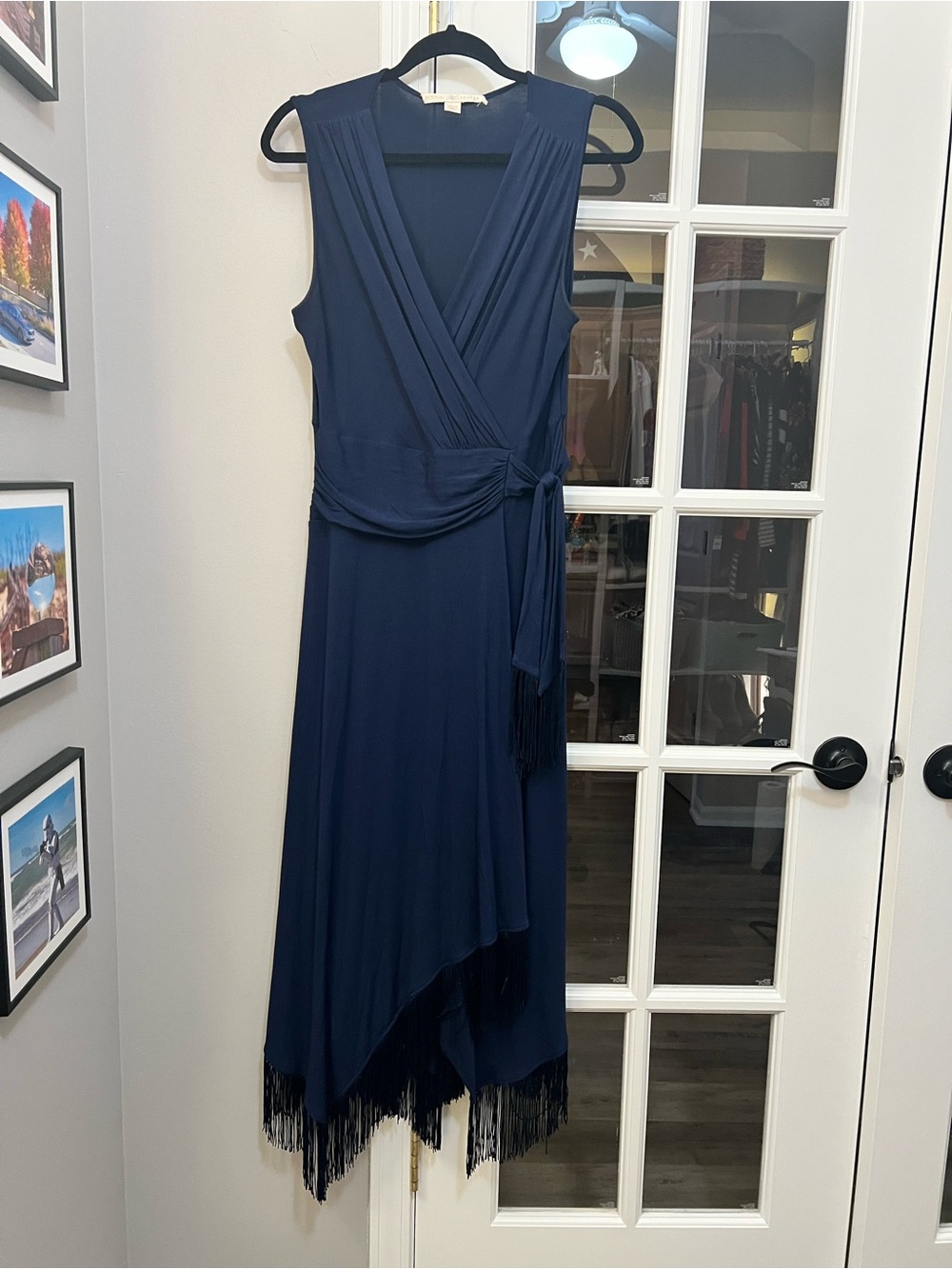 Boston Proper Navy Asymmetrical Fringe Wrap Dress size S EUC
